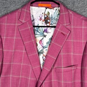 Tallia Blazer Mens 46R Pink Plaid Wool Blend Floral Butterfly Lining Sport Coat